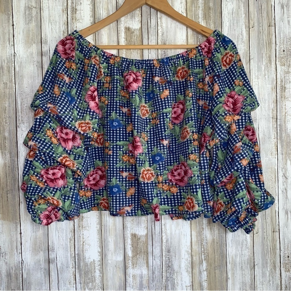 Jodifl Blue Gingham Off The Shoulder Crop Floral Blouse